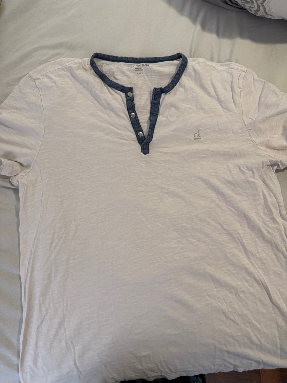 Calvin Klein Jeans White Short-Sleeve Henley with Navy Trim
